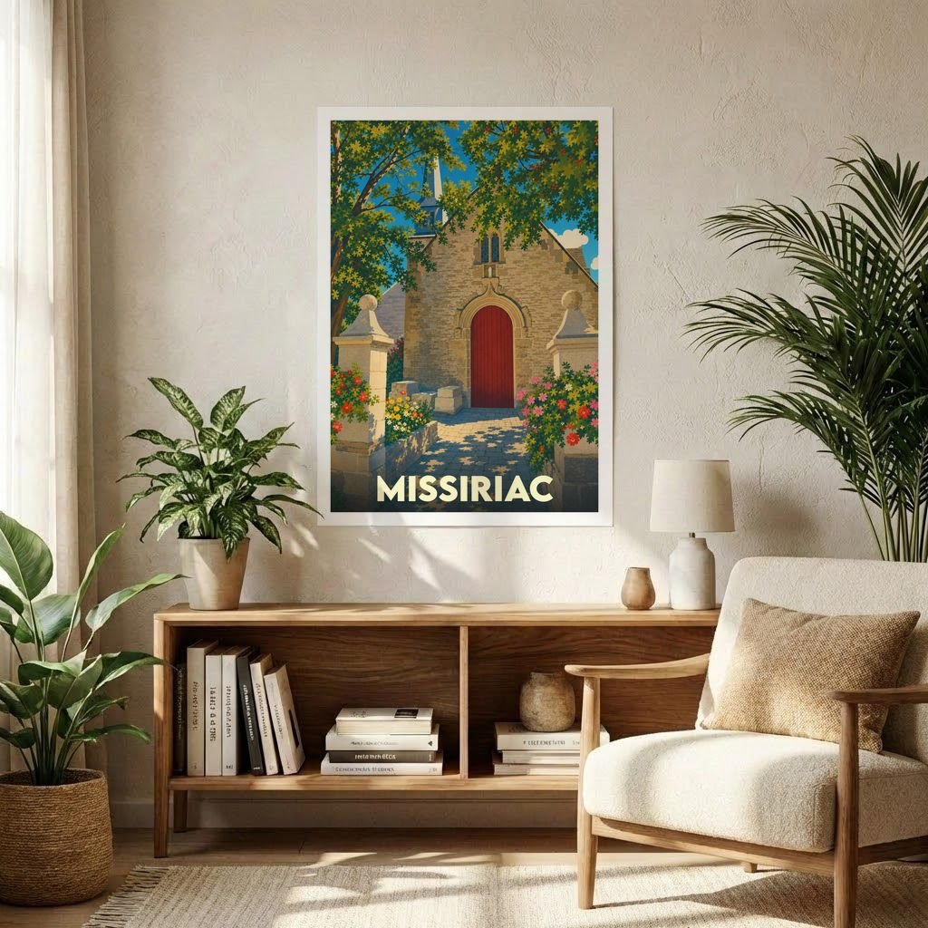 Affiche souvenir de la ville de Missiriac illustrant son église pittoresque dans un style rétro et coloré.
