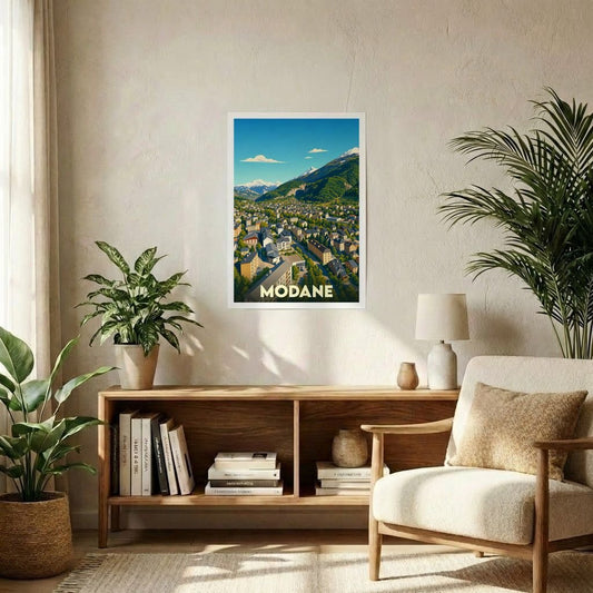 Affiche souvenir de la ville de Modane avec une illustration stylisée de ses paysages montagneux.