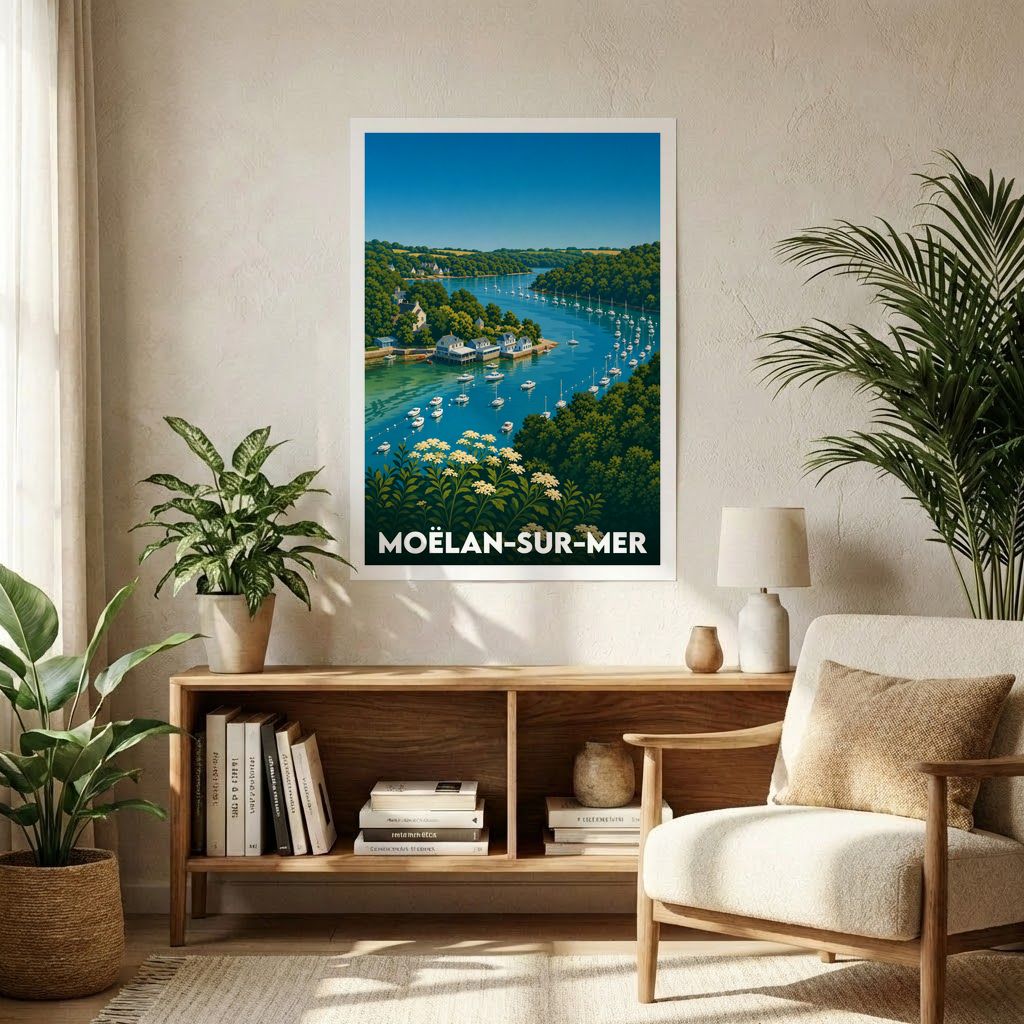 Affiche souvenir de la ville de Moëlan-sur-Mer avec une illustration stylisée d'un bras de mer et de bateaux.