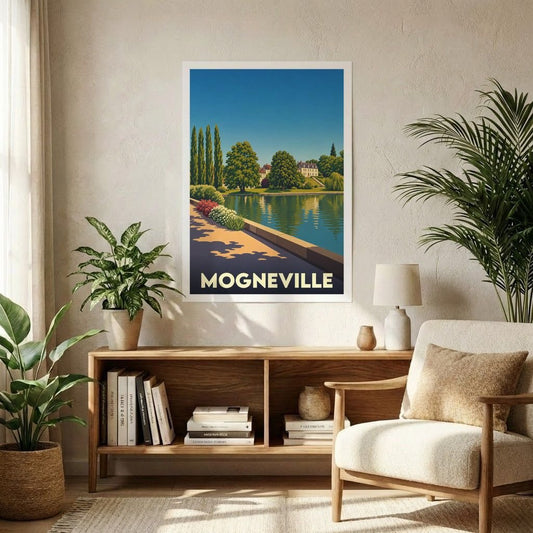 Affiche souvenir de la ville de Mogneville représentant son étang avec une illustration graphique et colorée.