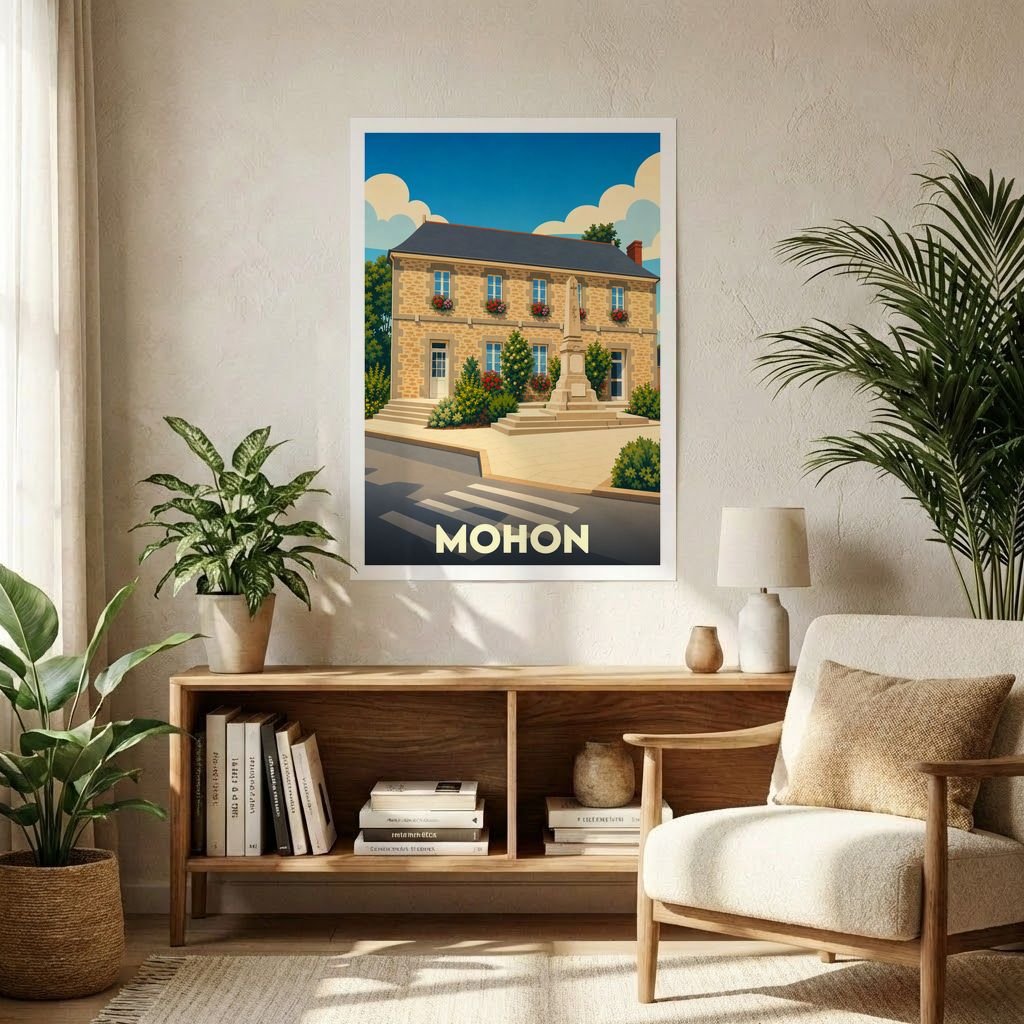 Affiche souvenir de la ville de Mohon avec une illustration stylisée représentant un bâtiment historique en pierre.