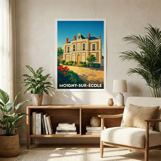 Affiche souvenir de la ville de Moigny-sur-École avec une illustration stylisée d'un bâtiment de type mairie.