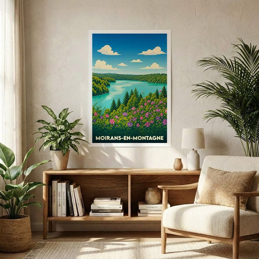 Affiche souvenir de la ville de Moirans-en-Montagne avec une illustration stylisée de son paysage lacustre.