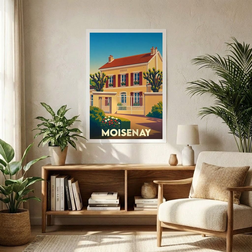 Affiche souvenir de la ville de Moisenay avec une illustration stylisée d'une maison traditionnelle.