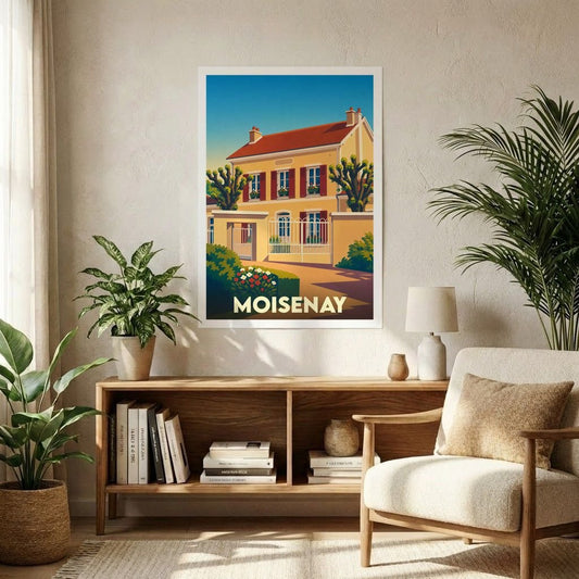 Affiche souvenir de la ville de Moisenay avec une illustration stylisée d'une maison traditionnelle.