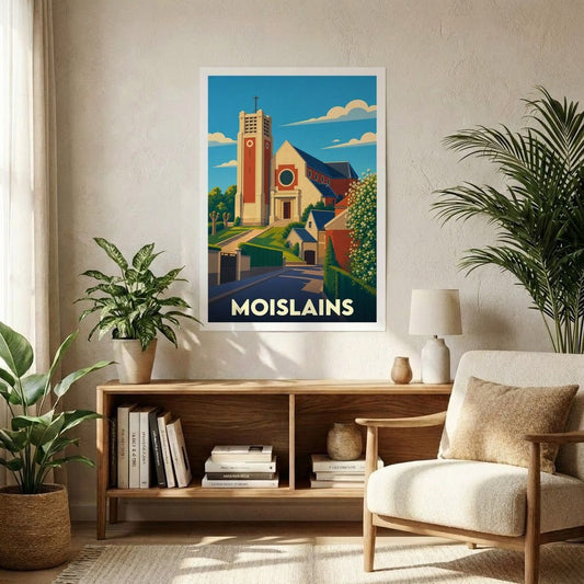 Affiche souvenir de la ville de Moislains avec une illustration stylisée d'une église et de son village.
