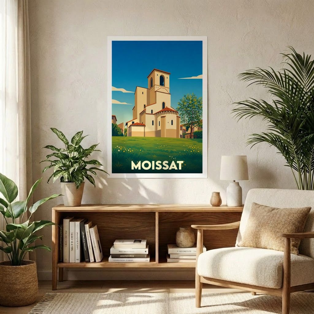 Affiche souvenir de la ville de Moissat présentant une illustration stylisée de son église romane.