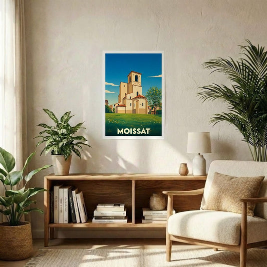 Affiche souvenir de la ville de Moissat représentant son église dans un style graphique épuré et coloré.