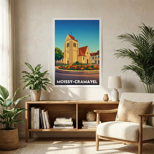 Affiche souvenir de la ville de Moissy-Cramayel avec une illustration stylisée de son église.
