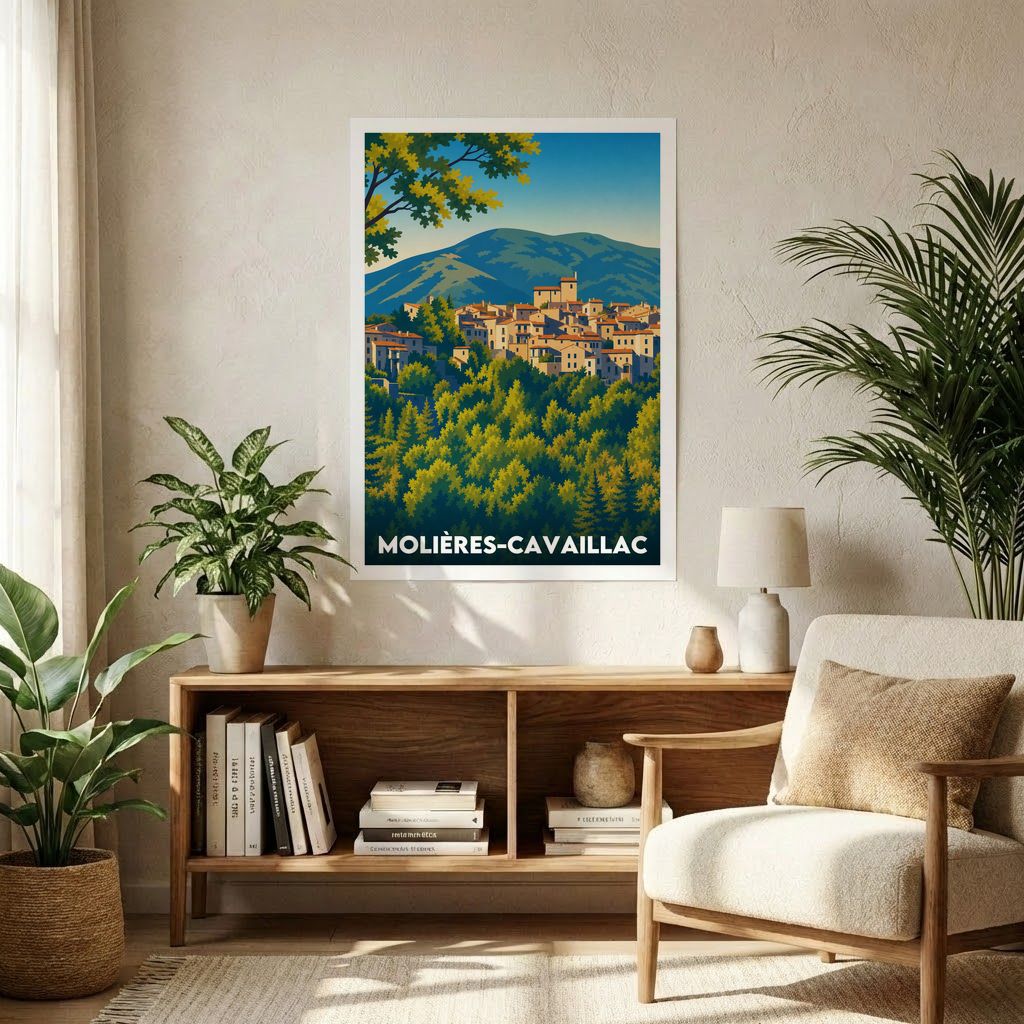 Affiche souvenir de la ville de Molières-Cavaillac avec une illustration stylisée.