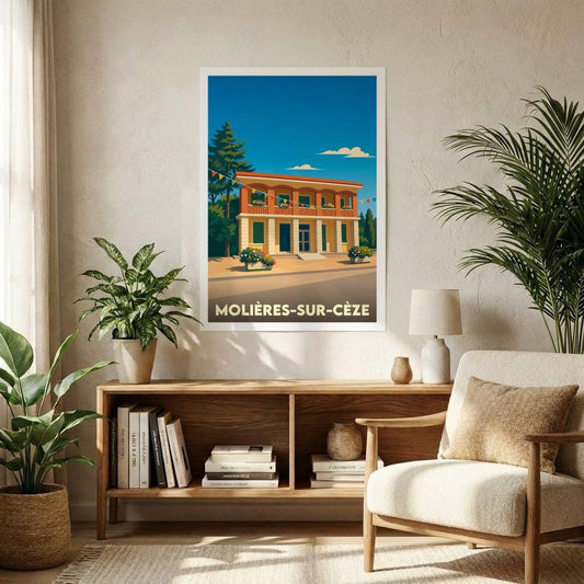 Affiche souvenir de la ville de Molières-sur-Cèze avec une illustration stylisée et colorée.