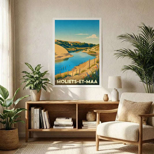 Affiche souvenir de la ville de Moliets-et-Maa avec une illustration stylisée d'un paysage côtier landais.