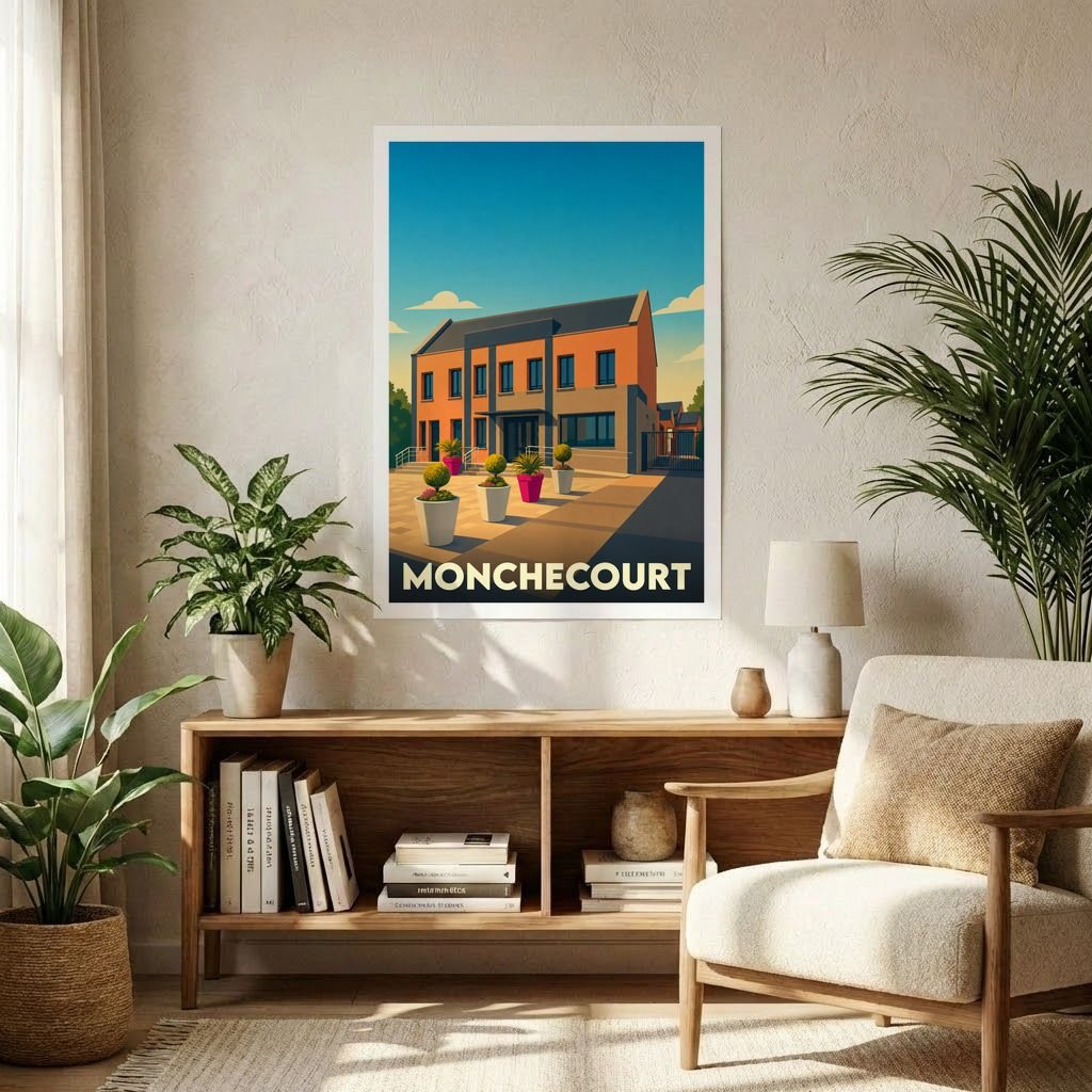 Affiche souvenir de la ville de Monchecourt avec une illustration stylisée et colorée de son architecture.