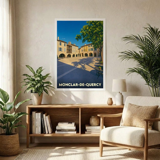 Affiche souvenir de la ville de Monclar-de-Quercy avec une illustration stylisée de sa place principale ensoleillée.