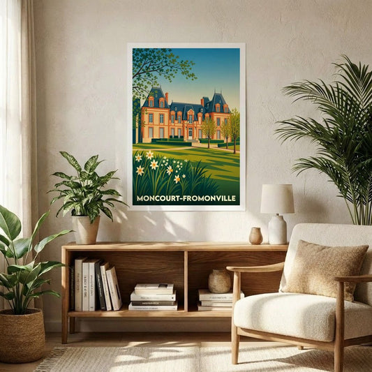 Affiche souvenir de la ville de Moncourt-Fromonville avec une illustration stylisée d'un château.
