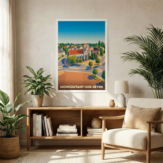 Affiche souvenir de la ville de Moncoutant-sur-Sèvre avec une illustration stylisée.