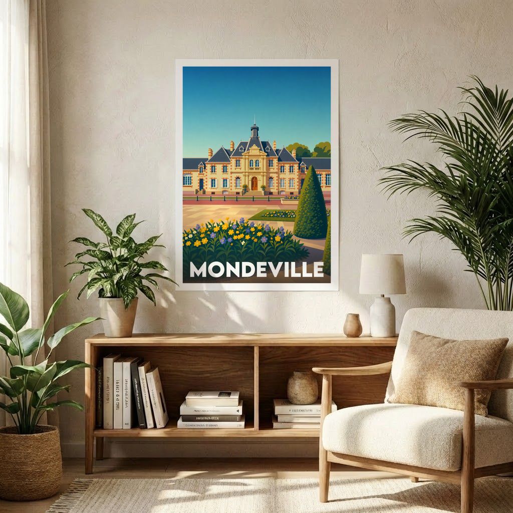Affiche souvenir de la ville de Mondeville avec une illustration stylisée de son hôtel de ville et de ses jardins.