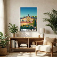 Affiche souvenir de la ville de Mondeville avec une illustration stylisée de son hôtel de ville et de ses jardins.