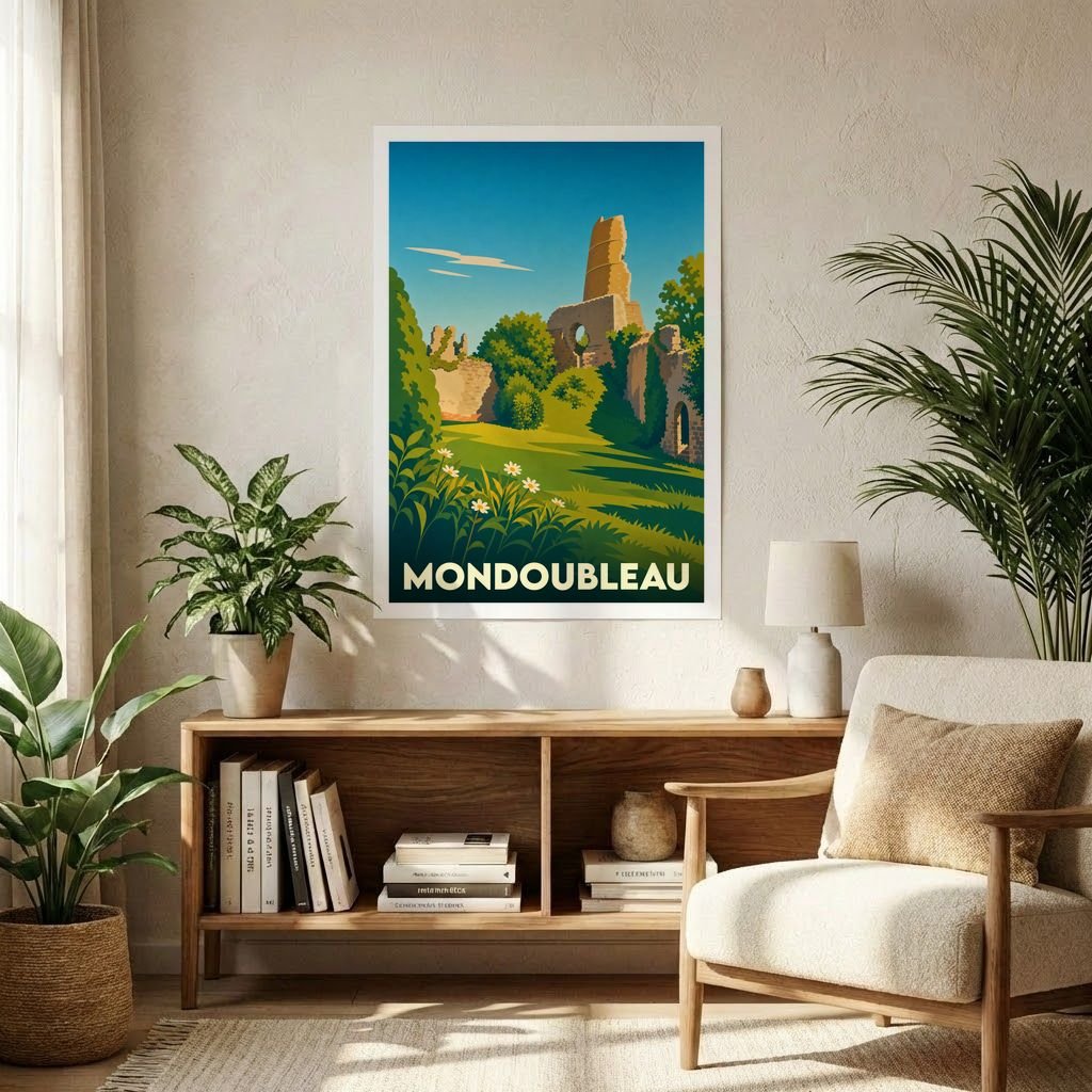 Affiche souvenir de la ville de Mondoubleau représentant les ruines de son château dans un style graphique rétro.