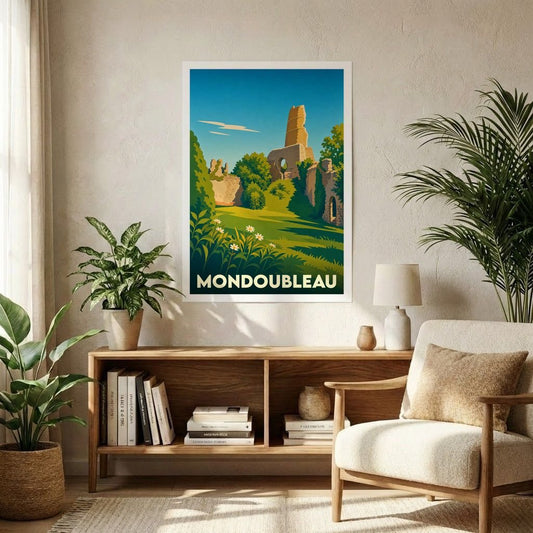 Affiche souvenir de la ville de Mondoubleau représentant les ruines de son château dans un style graphique rétro.