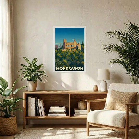 Affiche souvenir de la ville de Mondragon avec une illustration stylisée d'un château surplombant une forêt.