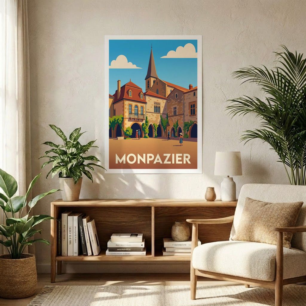 Affiche souvenir de la ville de Monpazier avec une illustration stylisée de son architecture médiévale.