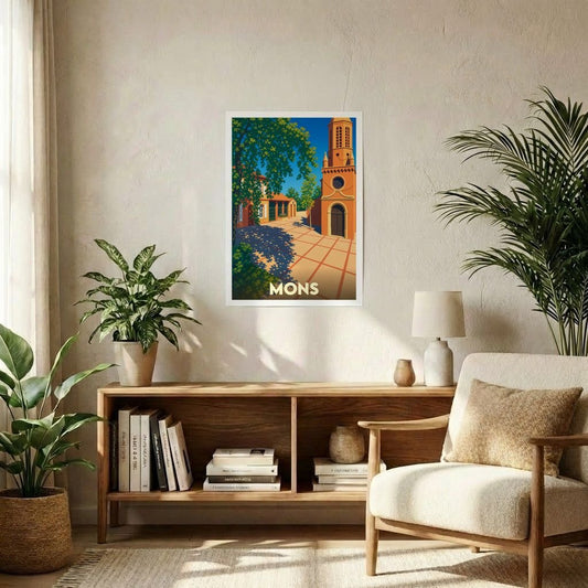 Affiche souvenir de la ville de Mons avec une illustration stylisée et colorée.
