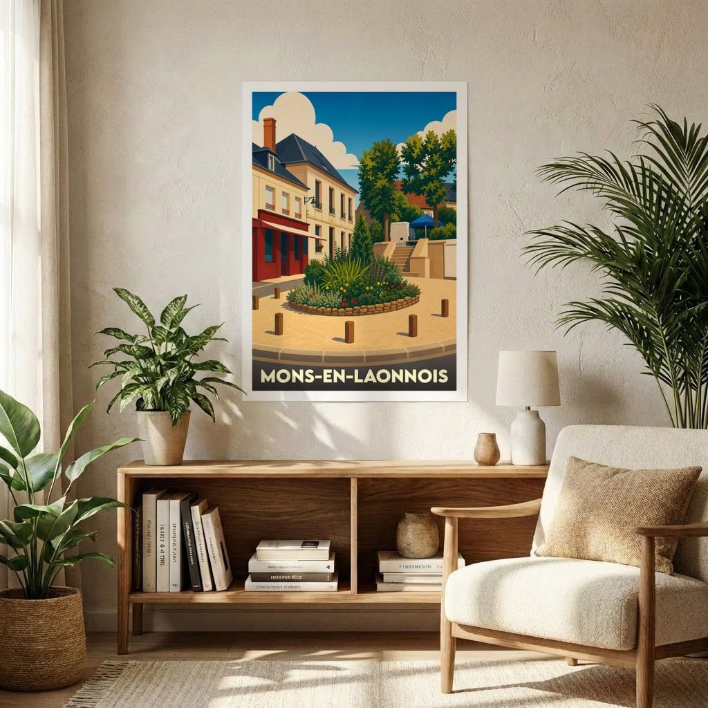 Affiche souvenir de la ville de Mons-en-Laonnois avec une illustration stylisée d'une place fleurie.