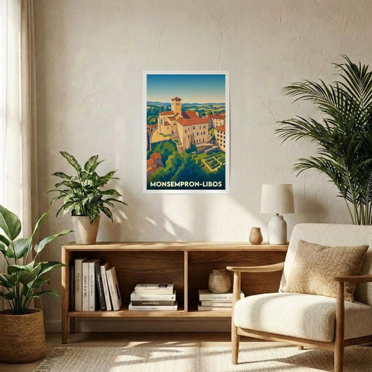 Affiche souvenir de la ville de Monsempron-Libos présentant une illustration stylisée et colorée de son patrimoine architectural.