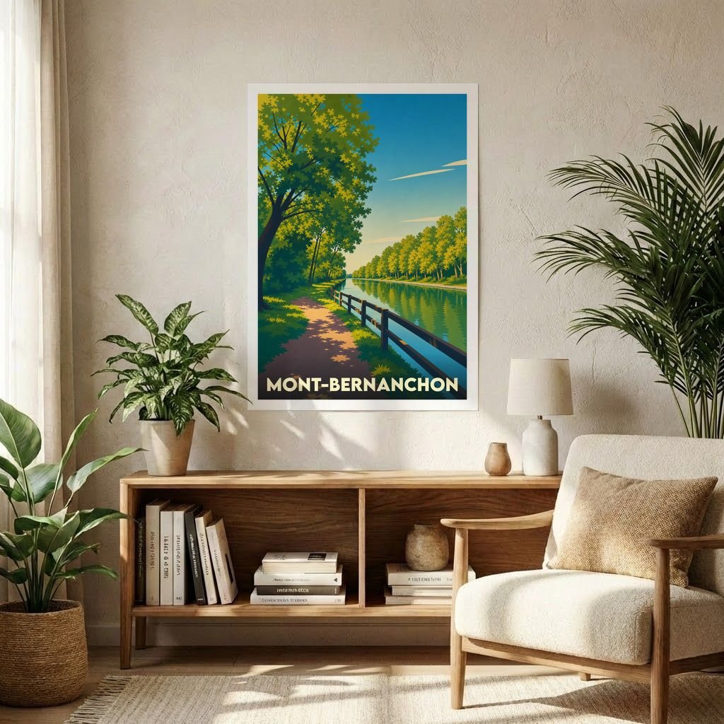 Affiche souvenir de la ville de Mont-Bernanchon avec une illustration stylisée d'un canal bordé d'arbres.