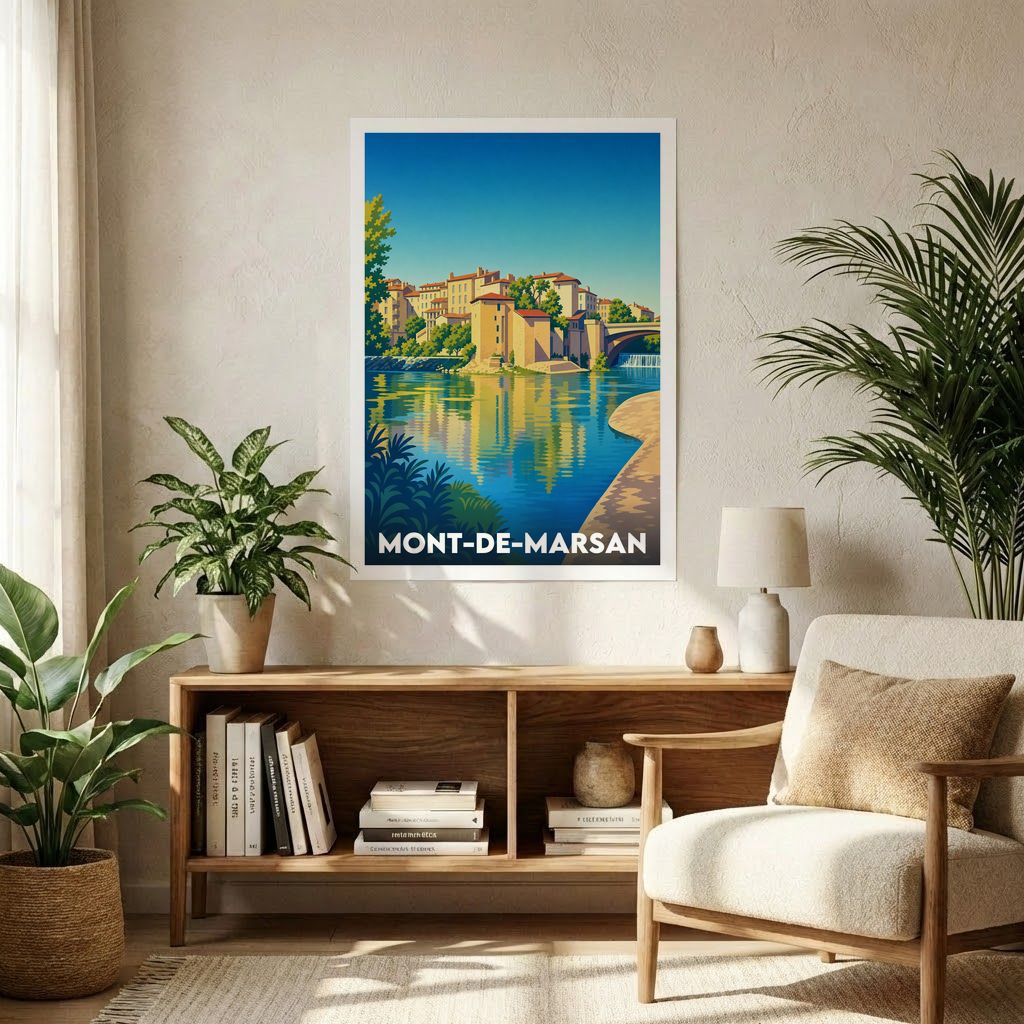 Affiche souvenir de la ville de Mont-de-Marsan avec une illustration stylisée de ses bords de rivière.