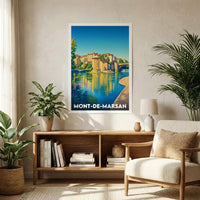 Affiche souvenir de la ville de Mont-de-Marsan avec une illustration stylisée de ses bords de rivière.