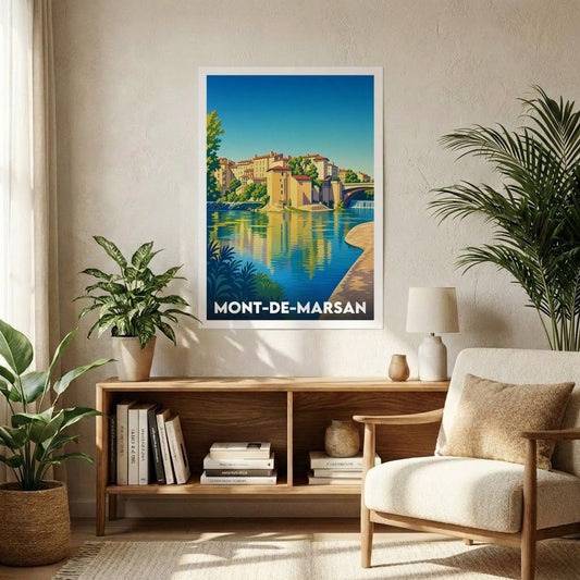 Affiche souvenir de la ville de Mont-de-Marsan avec une illustration stylisée de ses bords de rivière.