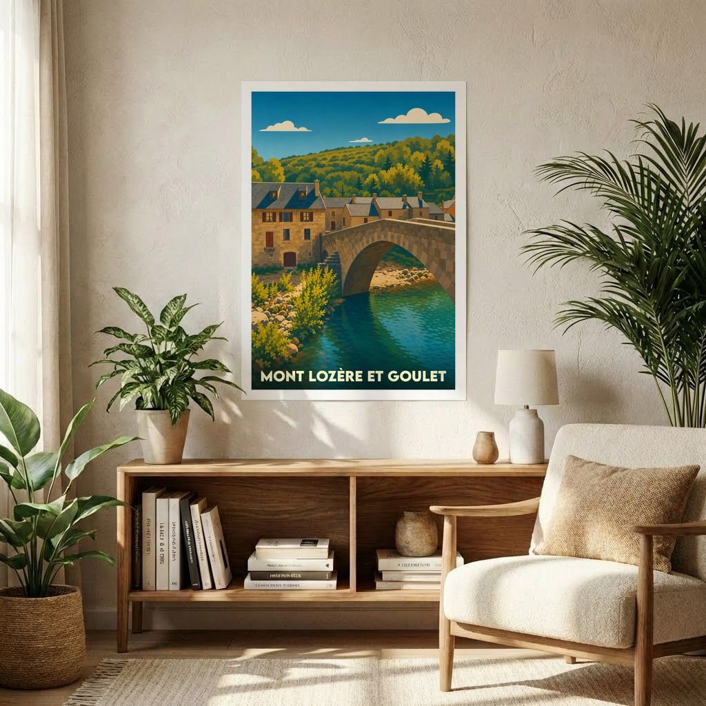 Affiche souvenir de la ville de Mont Lozère et Goulet avec une illustration stylisée d'un pont en pierre.
