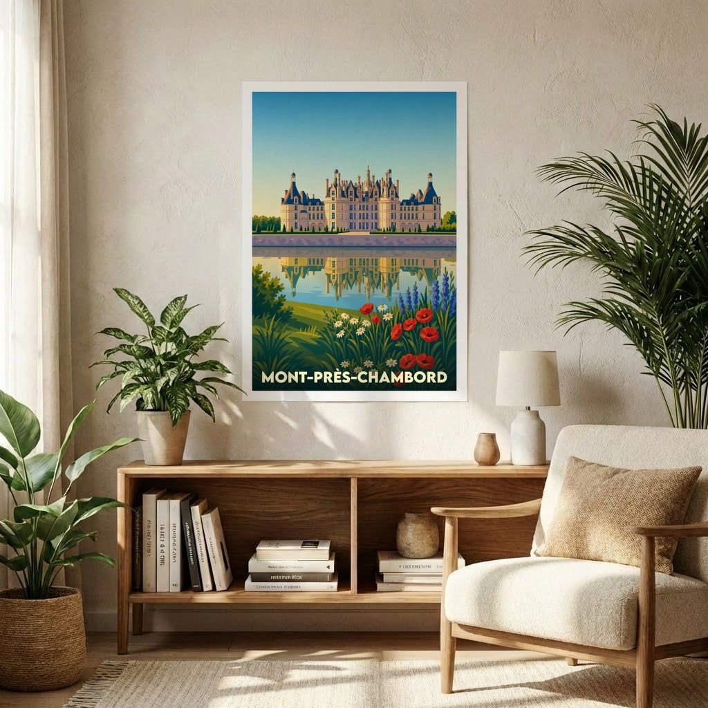 Affiche souvenir de la ville de Mont-près-Chambord avec une illustration stylisée du château et de son reflet sur l'eau.