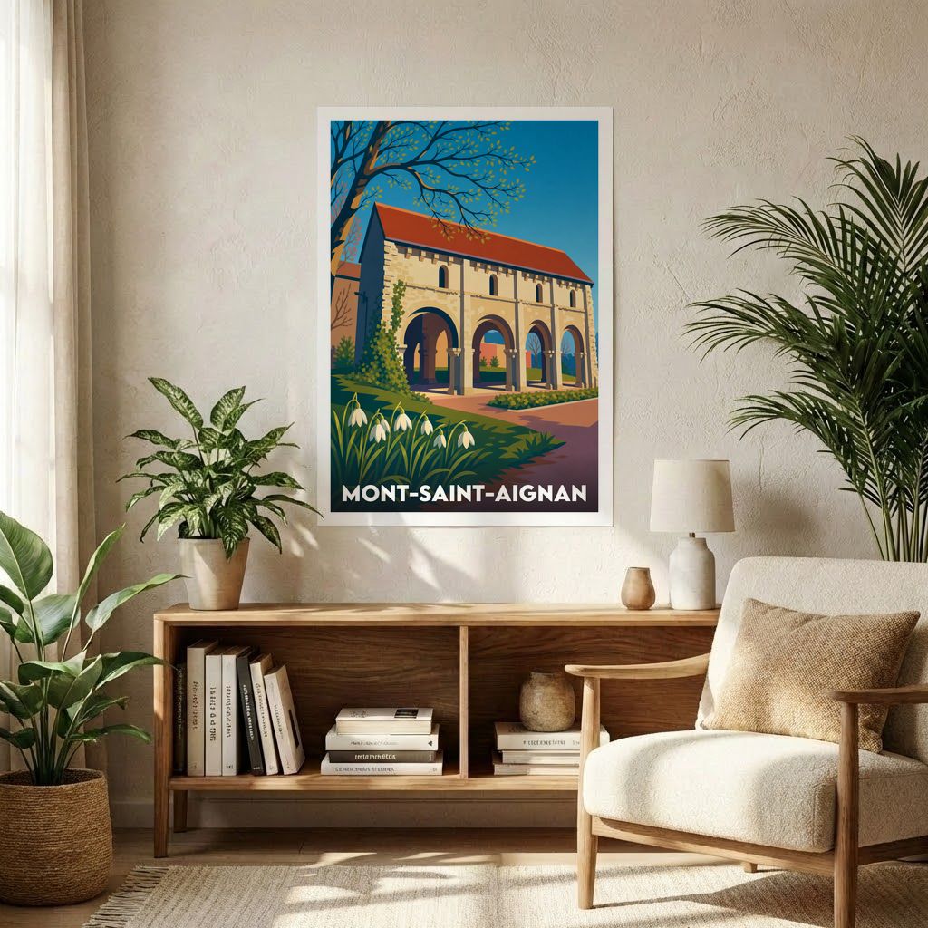 Affiche souvenir de la ville de Mont-Saint-Aignan avec une illustration stylisée d'un bâtiment historique à arches.