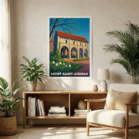Affiche souvenir de la ville de Mont-Saint-Aignan avec une illustration stylisée d'un bâtiment historique à arches.
