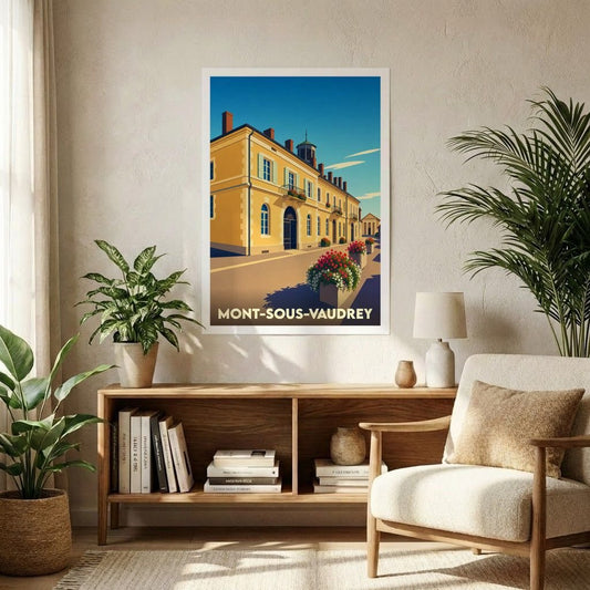Affiche souvenir de la ville de Mont-sous-Vaudrey avec une illustration stylisée d'un bâtiment historique.