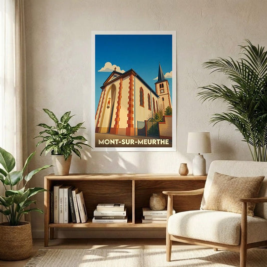 Affiche souvenir de la ville de Mont-sur-Meurthe illustrant une église stylisée sous un ciel bleu.