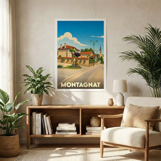 Affiche souvenir de la ville de Montagnat avec une illustration stylisée.