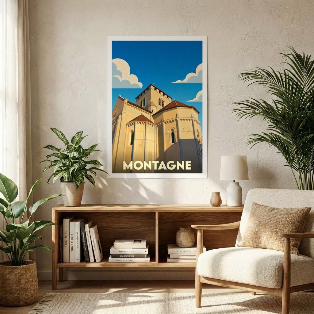 Affiche souvenir de la ville de Montagne avec une illustration stylisée d'une église sous un ciel bleu.