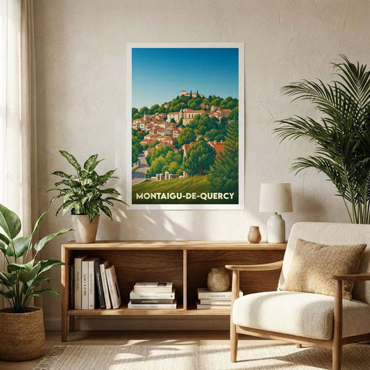 Affiche souvenir de la ville de Montaigu-de-Quercy représentant une illustration stylisée du village perché.