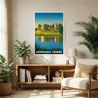 Affiche souvenir de la ville de Montaigu-Vendée avec une illustration stylisée de son château se reflétant dans l'eau.