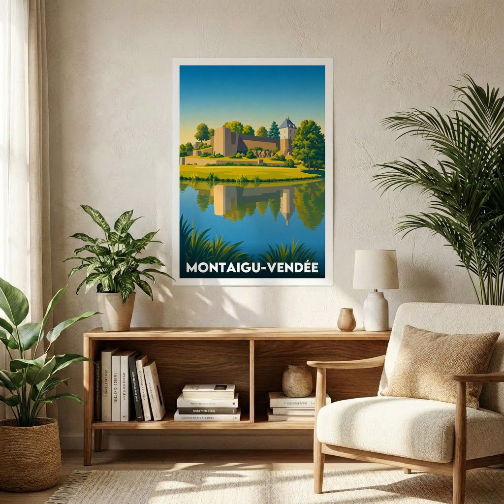 Affiche souvenir de la ville de Montaigu-Vendée avec une illustration stylisée de son château se reflétant dans l'eau.
