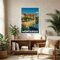 Affiche souvenir de la ville de Montargis avec une illustration stylisée d'un canal bordé de maisons.