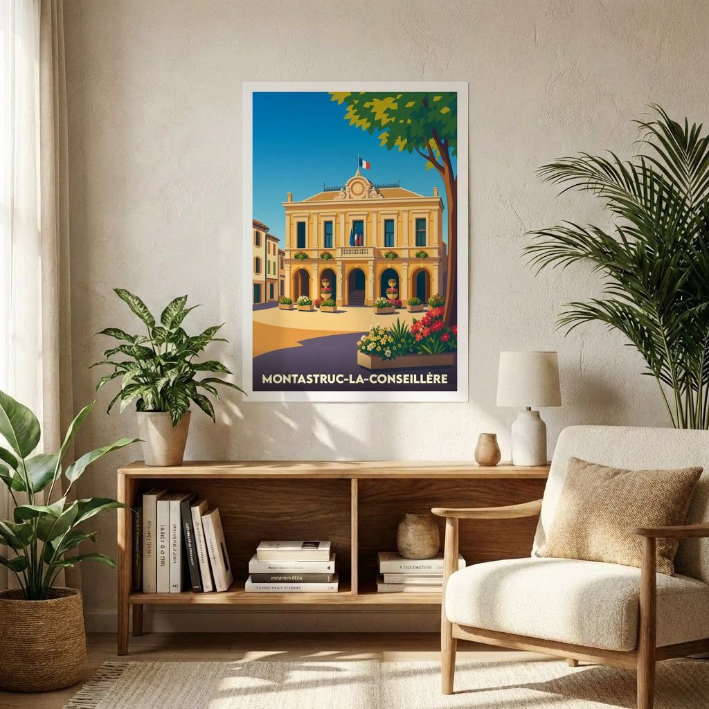 Affiche souvenir de la ville de Montastruc-la-Conseillère avec une illustration stylisée de son hôtel de ville.