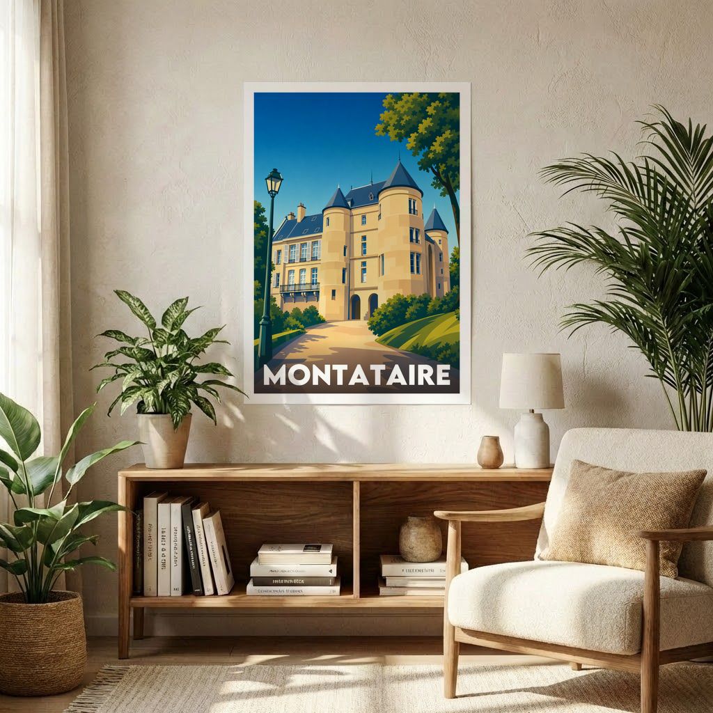 Affiche souvenir de la ville de Montataire avec une illustration stylisée de son château.