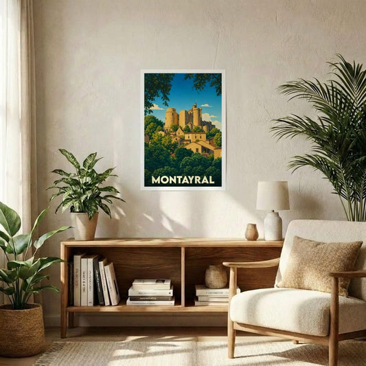 Affiche souvenir de la ville de Montayral avec une illustration stylisée d'un château médiéval.