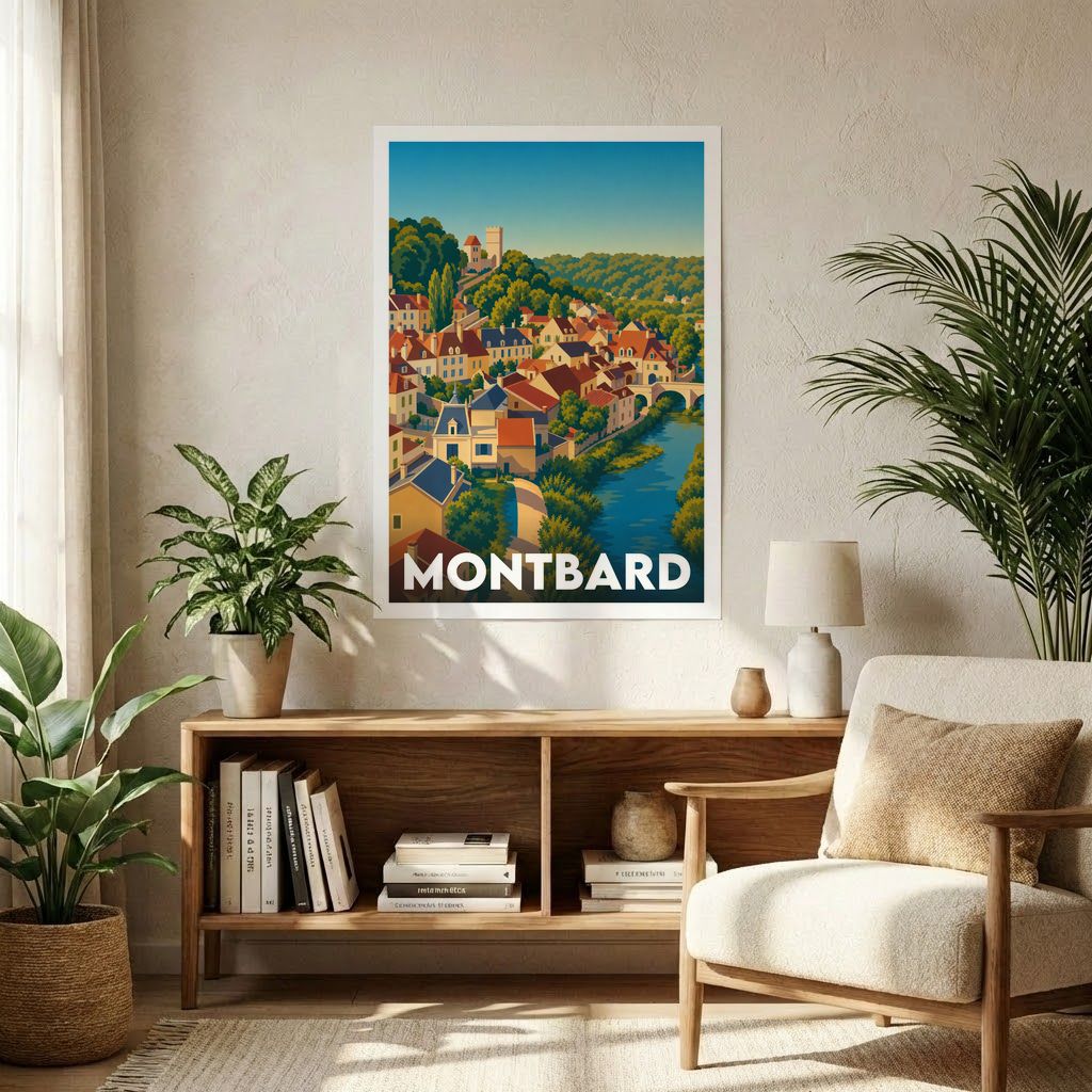 Affiche souvenir de la ville de Montbard avec une illustration stylisée de son paysage urbain au bord de l'eau.