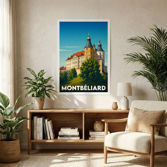 Affiche souvenir de la ville de Montbéliard avec une illustration stylisée.